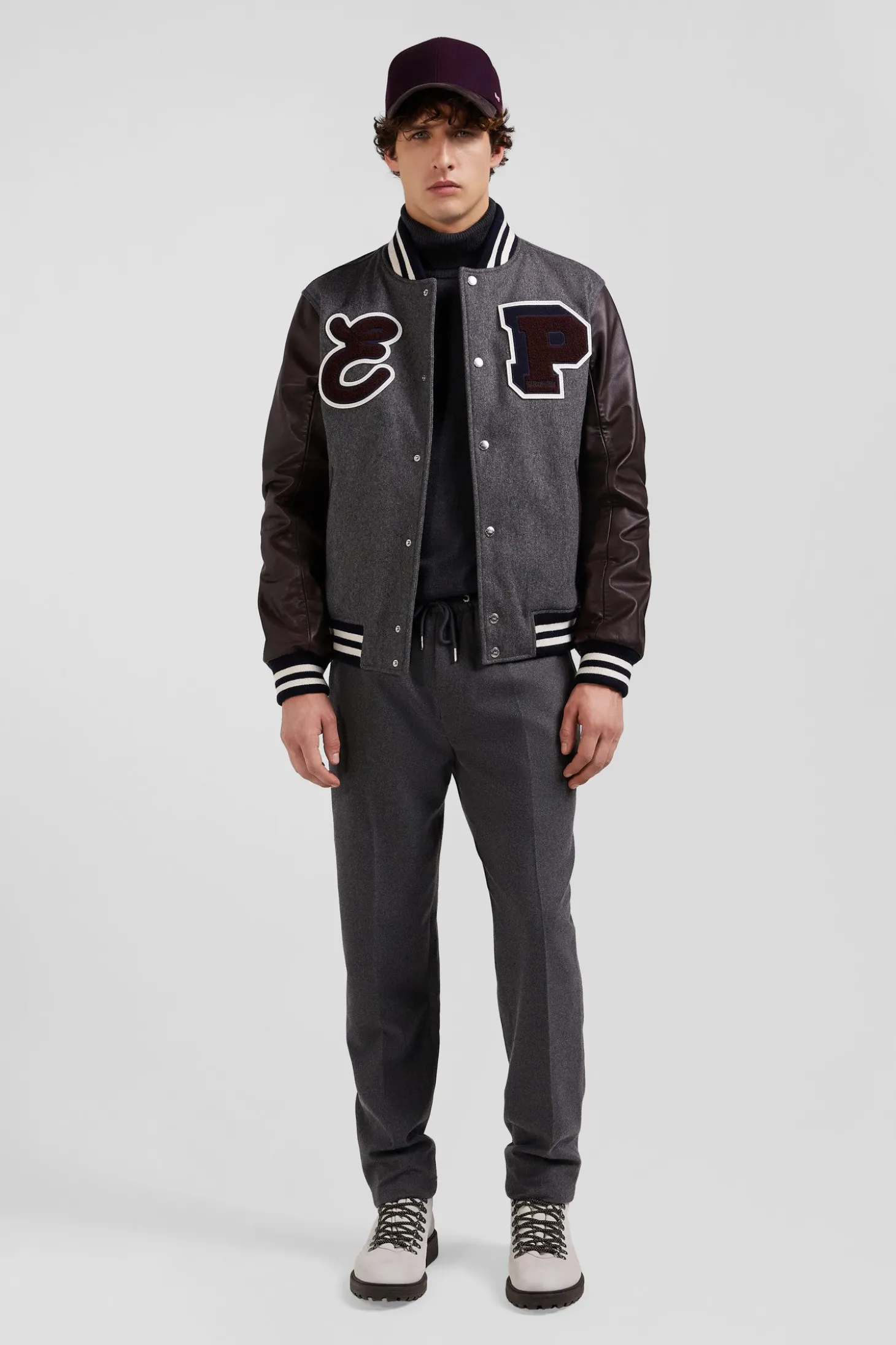 Blouson Teddy gris foncé en cuir