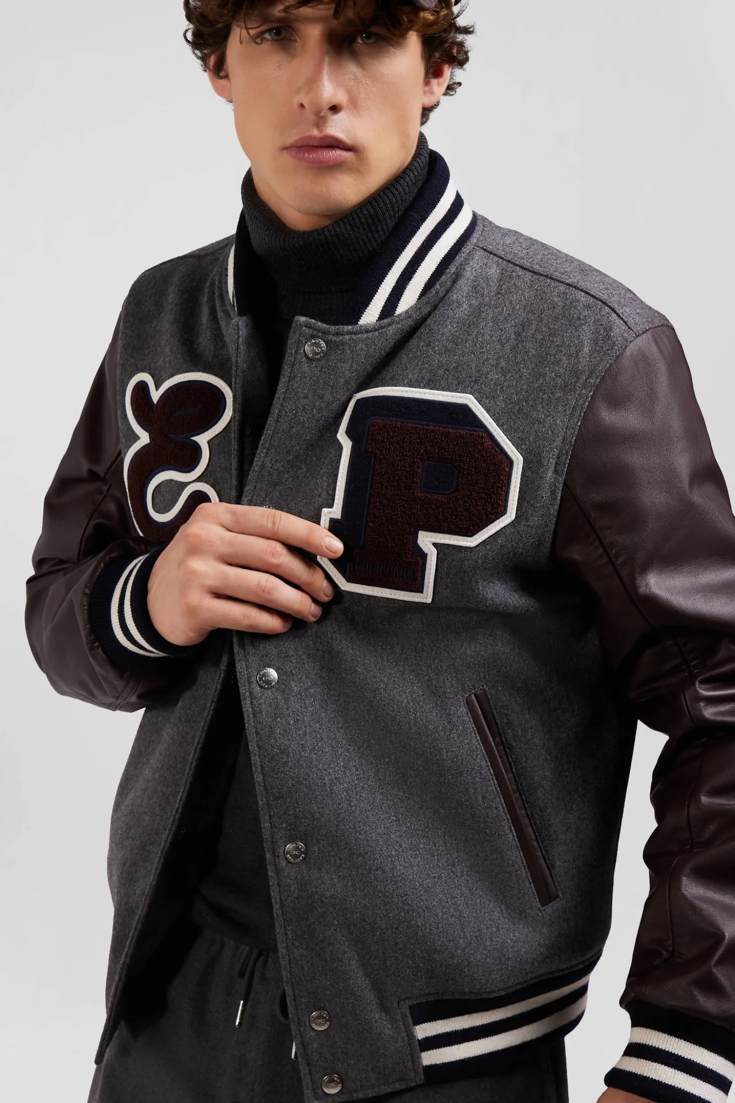 Blouson Teddy gris foncé en cuir