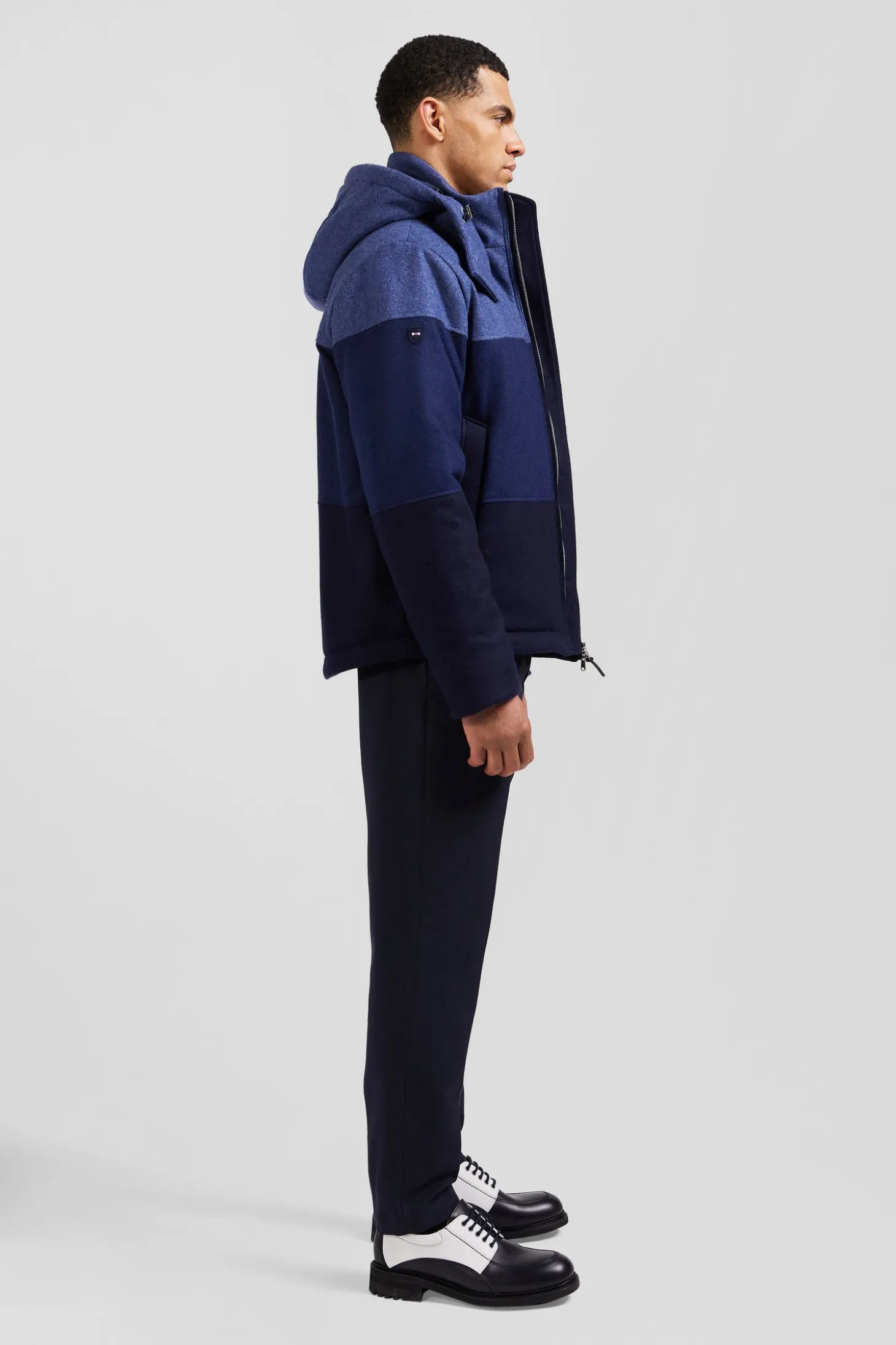 Blouson zippé à capuche en jersey de laine bleu marine