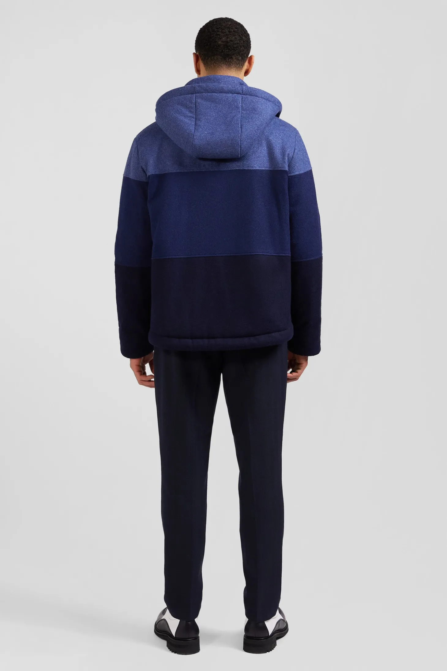 Blouson zippé à capuche en jersey de laine bleu marine