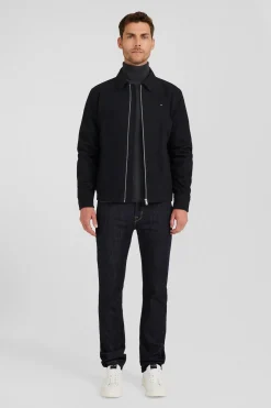 Blouson zippé à col chemise en gabardine de coton bleu marine