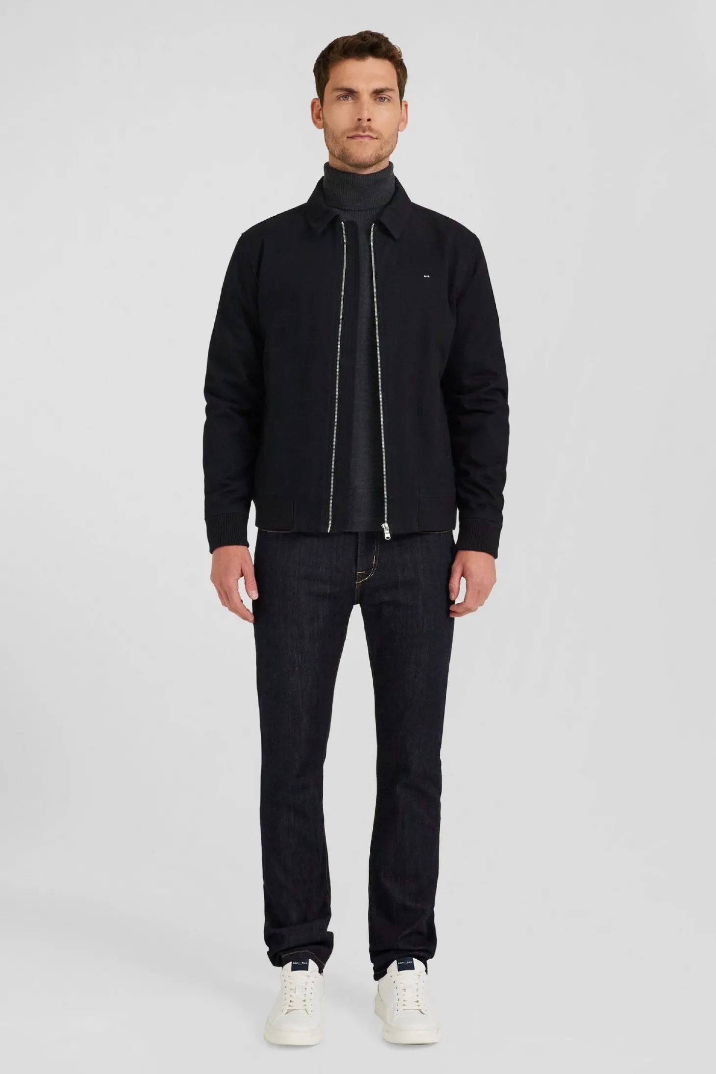 Blouson zippé à col chemise en gabardine de coton bleu marine