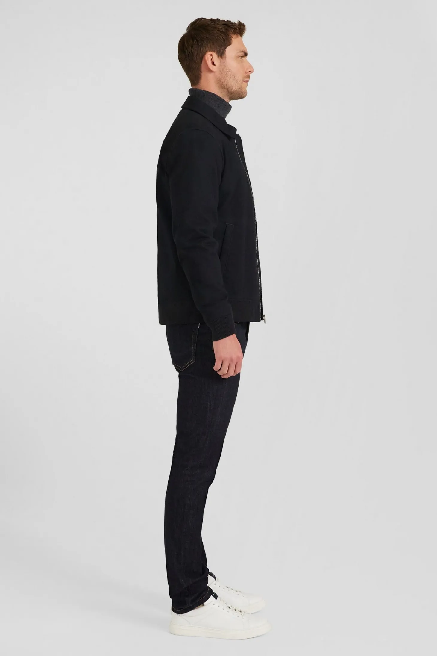 Blouson zippé à col chemise en gabardine de coton bleu marine