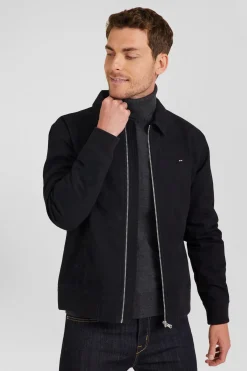 Blouson zippé à col chemise en gabardine de coton bleu marine