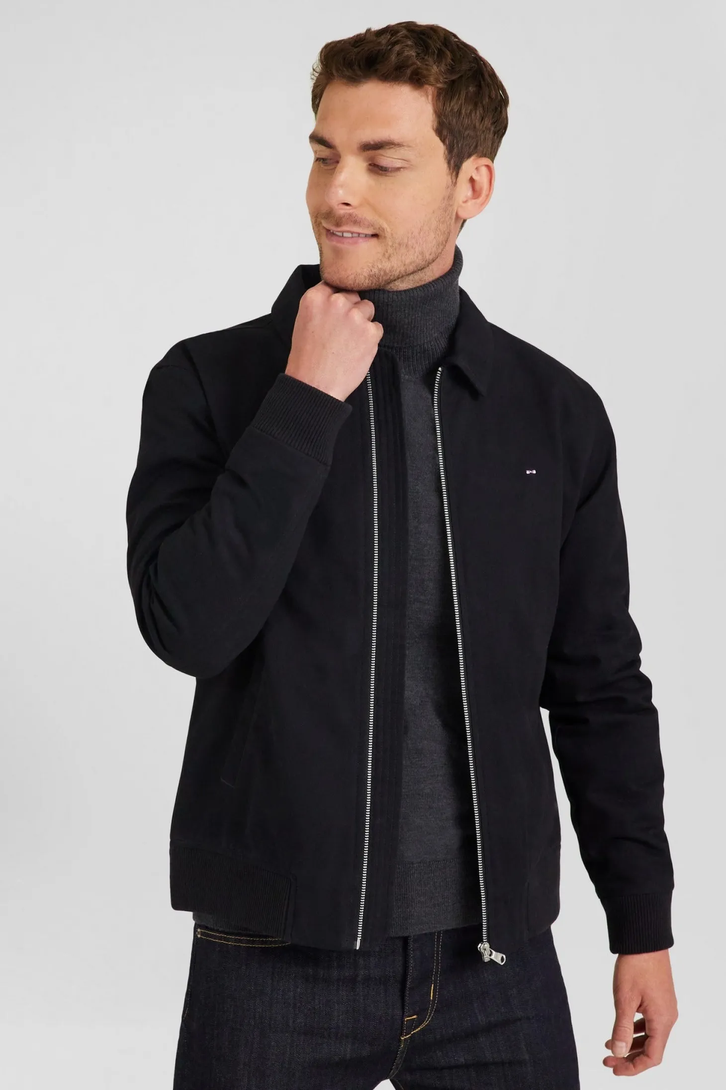 Blouson zippé à col chemise en gabardine de coton bleu marine