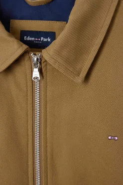 Blouson zippé à col chemise en gabardine de coton camel