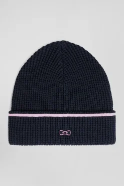 Bonnet en coton bleu marine détails roses