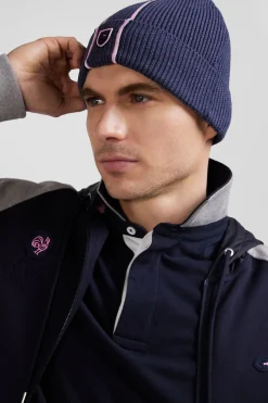 Bonnet en coton bleu marine rayures roses et blanches