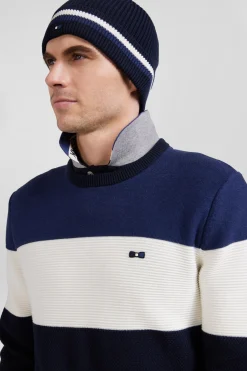 Bonnet en coton bleu marine à revers rayé