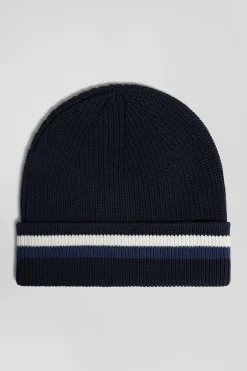 Bonnet en coton bleu marine à revers rayé