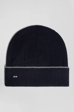 Bonnet en coton et cachemire bleu marine liseré contrasté