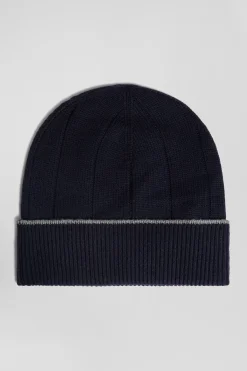 Bonnet en coton et cachemire bleu marine liseré contrasté