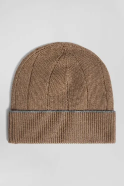 Bonnet en coton et cachemire marron liseré contrasté