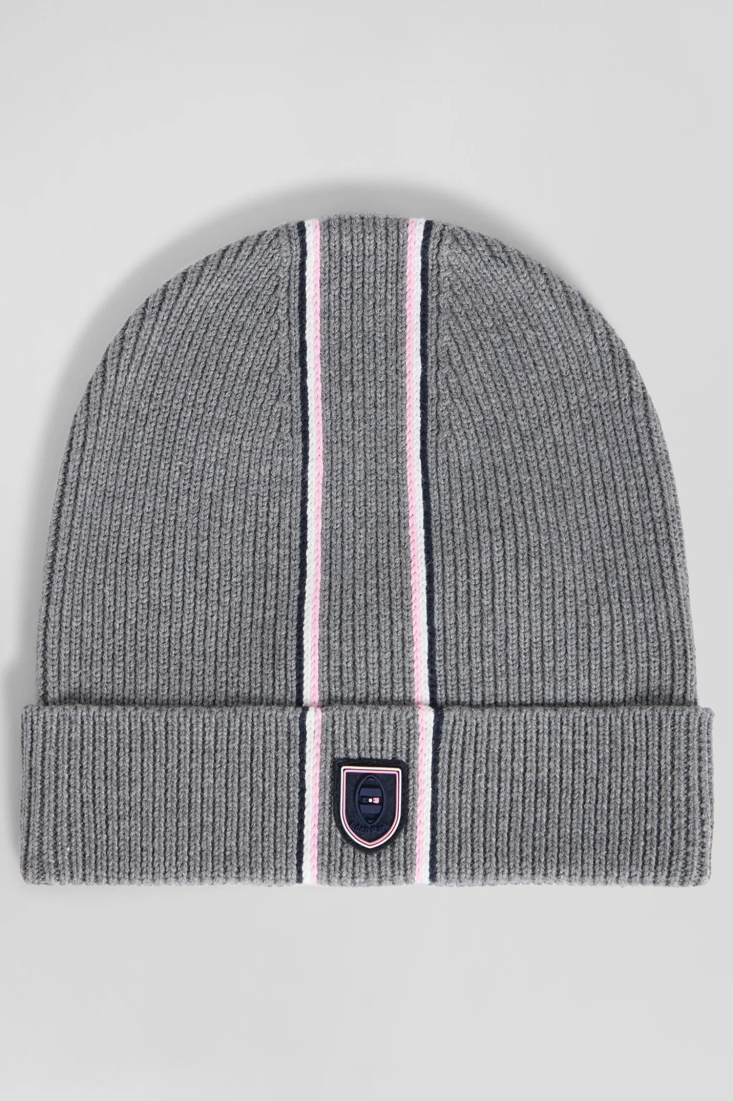 Bonnet en coton gris rayures roses et blanches