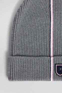 Bonnet en coton gris rayures roses et blanches