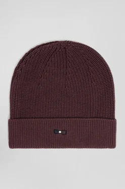 Bonnet tricoté en coton bordeaux détails tricolores