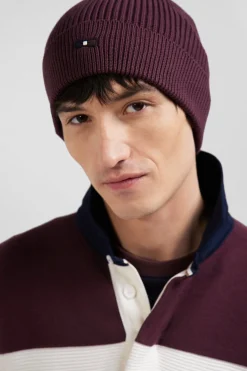 Bonnet tricoté en coton bordeaux détails tricolores