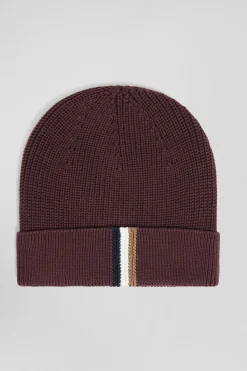 Bonnet tricoté en coton bordeaux détails tricolores