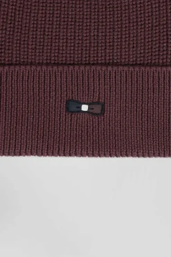 Bonnet tricoté en coton bordeaux détails tricolores
