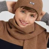 Bonnet uni en coton camel broderie nœud papillon