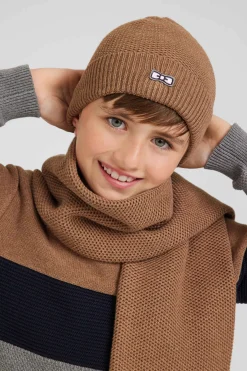 Bonnet uni en coton camel broderie nœud papillon