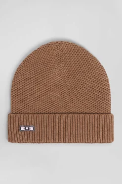 Bonnet uni en coton camel broderie nœud papillon