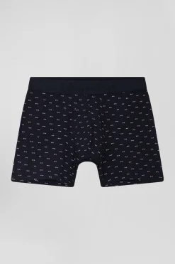 Boxer à micro motifs nœud papillon bleu marine et rose en coton stretch