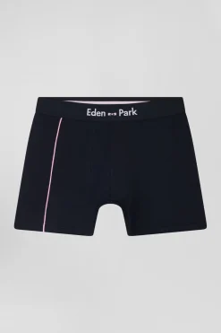 Boxer en coton stretch bleu marine à passepoil rose
