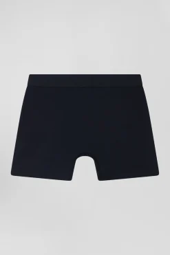 Boxer en coton stretch bleu marine à passepoil rose