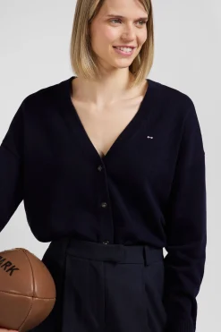 Cardigan en laine et coton bleu marine coupe Relaxed