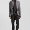 Cardigan zippé à col montant uni gris chiné en coton