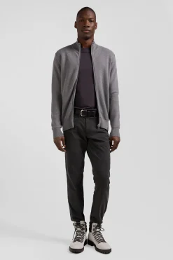 Cardigan zippé à col montant uni gris chiné en coton