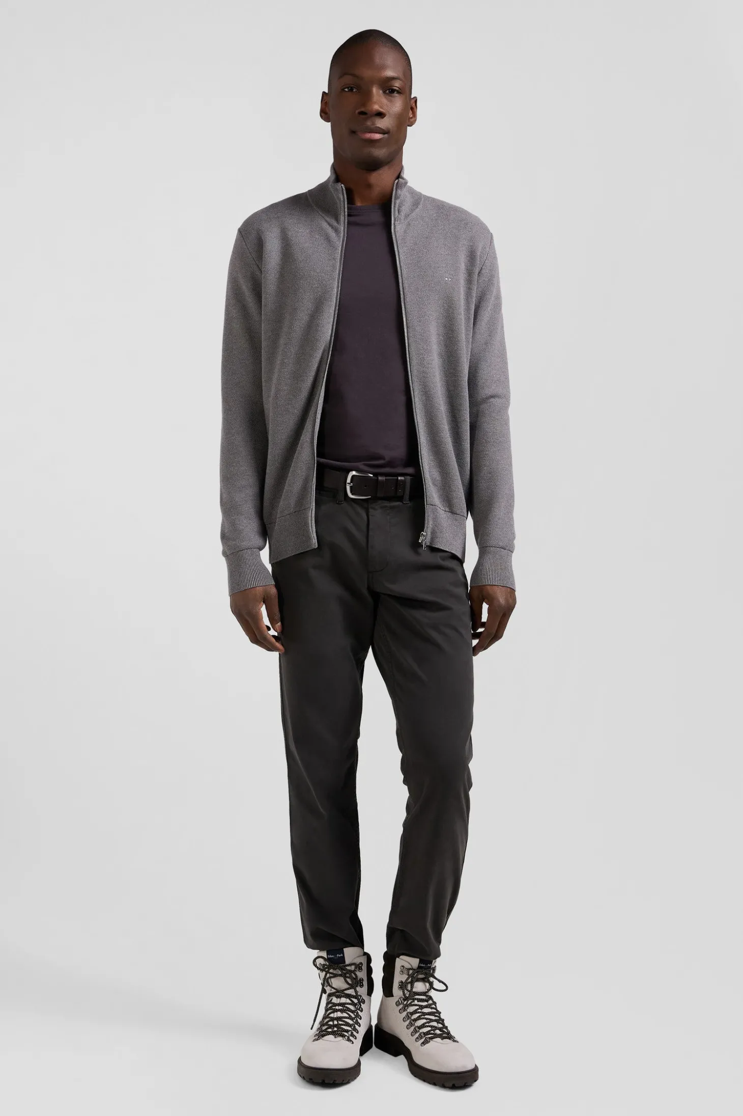 Cardigan zippé à col montant uni gris chiné en coton
