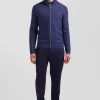 Cardigan zippé à col montant uni bleu marine en coton
