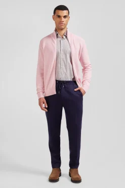 Cardigan zippé à col montant uni rose en coton