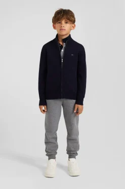 Cardigan zippé à col montant en laine et coton marine coupe Regular
