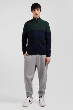 Cardigan zippé à col montant marine et vert en coton