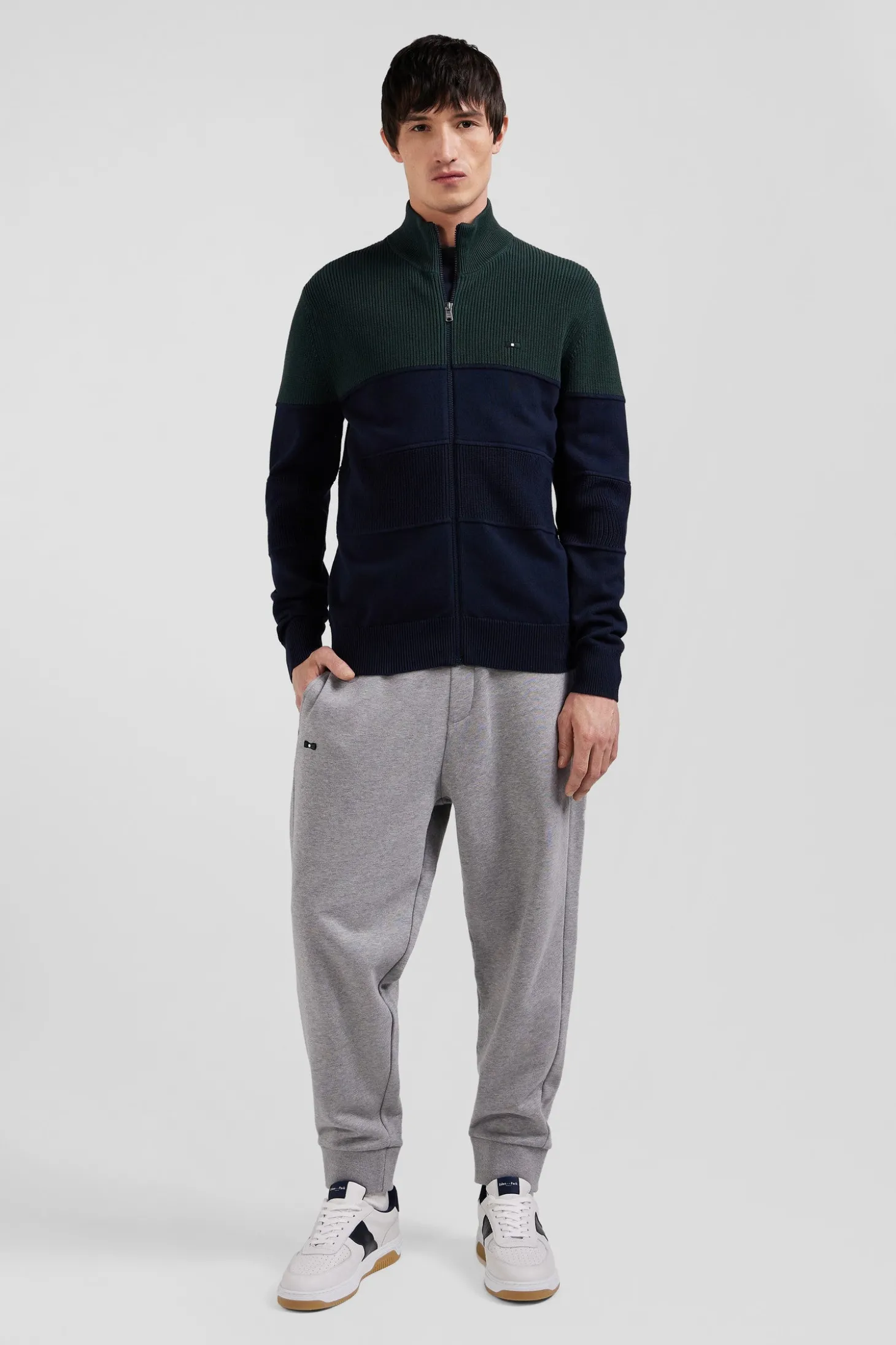 Cardigan zippé à col montant marine et vert en coton