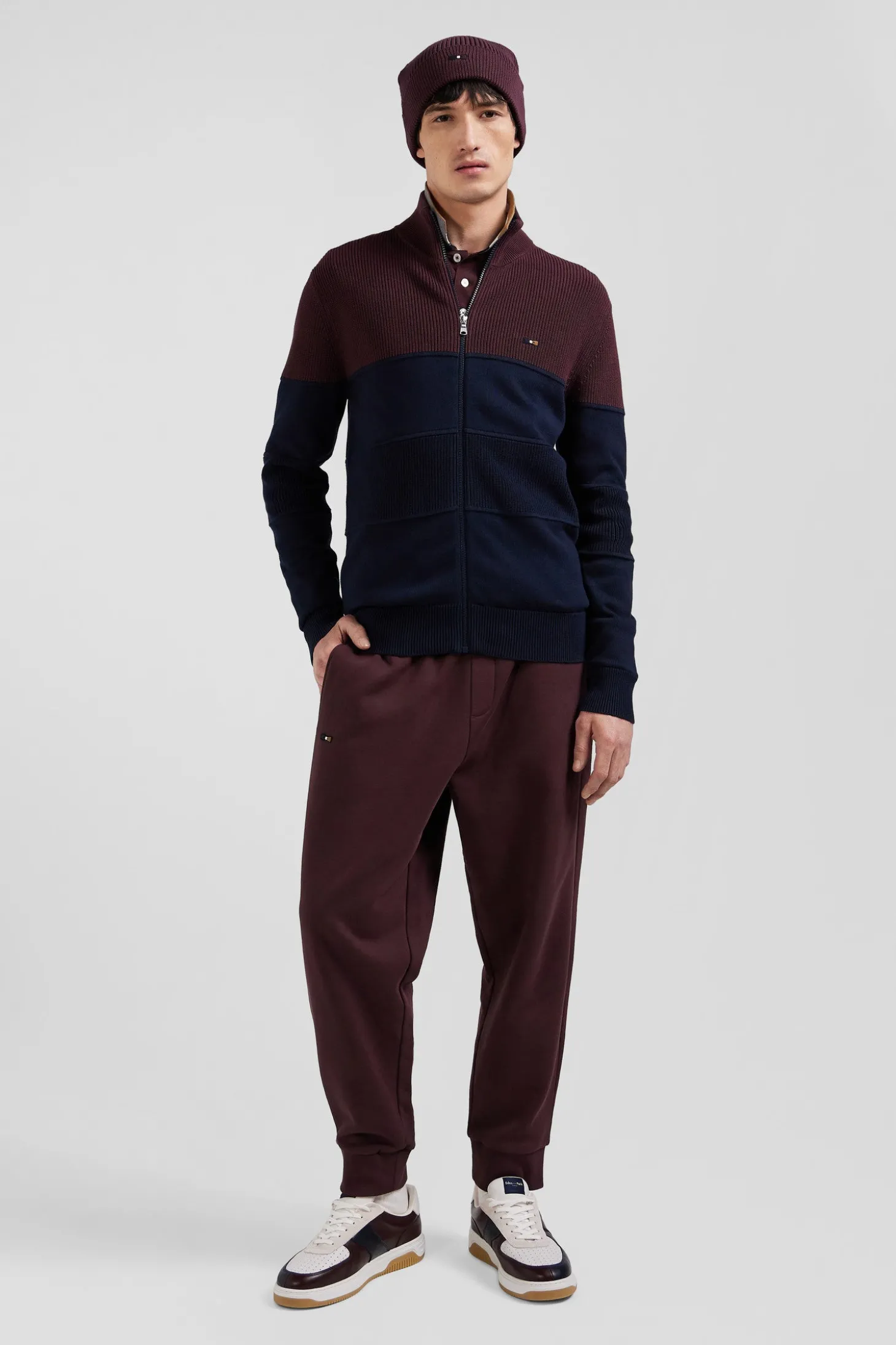 Cardigan zippé à col montant marine et bordeaux en coton