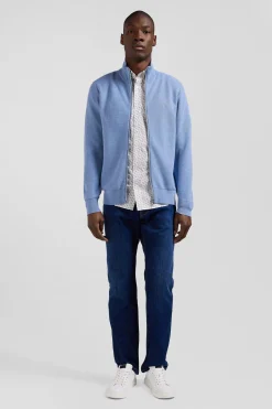 Cardigan zippé à col montant uni ciel en coton