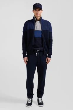 Cardigan zippé à col montant marine et bleu en coton