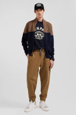 Cardigan zippé à col montant marine et camel en coton
