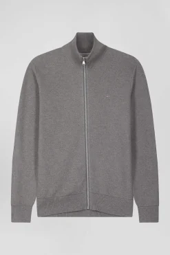 Cardigan zippé à col montant uni gris chiné en coton