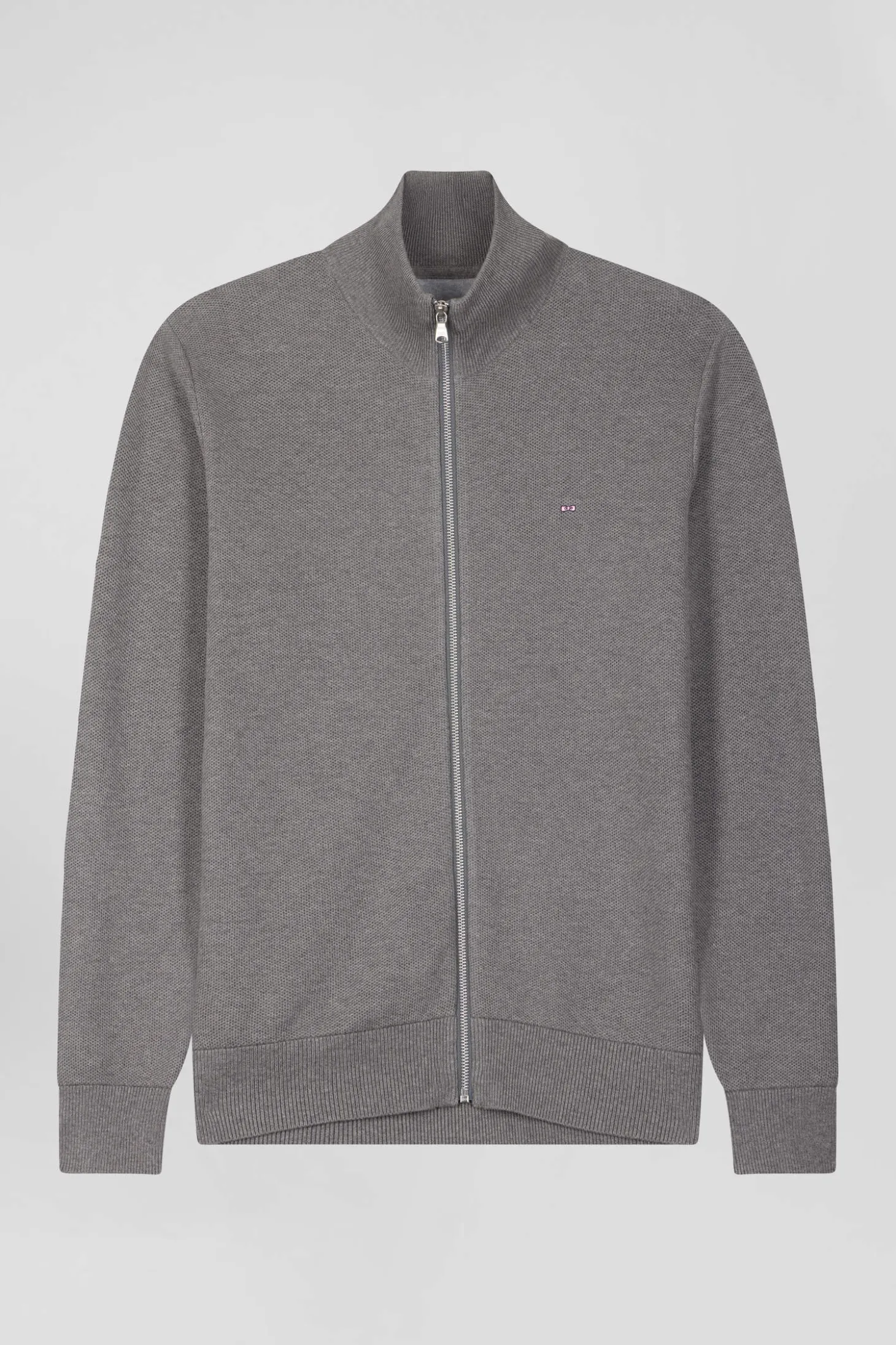 Cardigan zippé à col montant uni gris chiné en coton