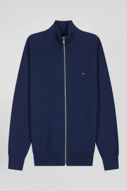Cardigan zippé à col montant uni bleu marine en coton
