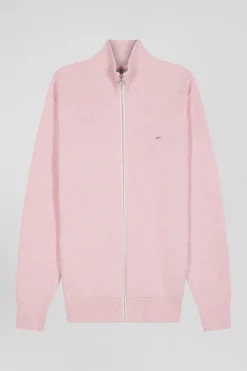 Cardigan zippé à col montant uni rose en coton