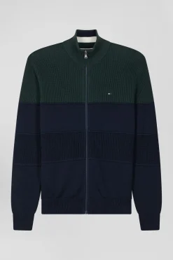 Cardigan zippé à col montant marine et vert en coton
