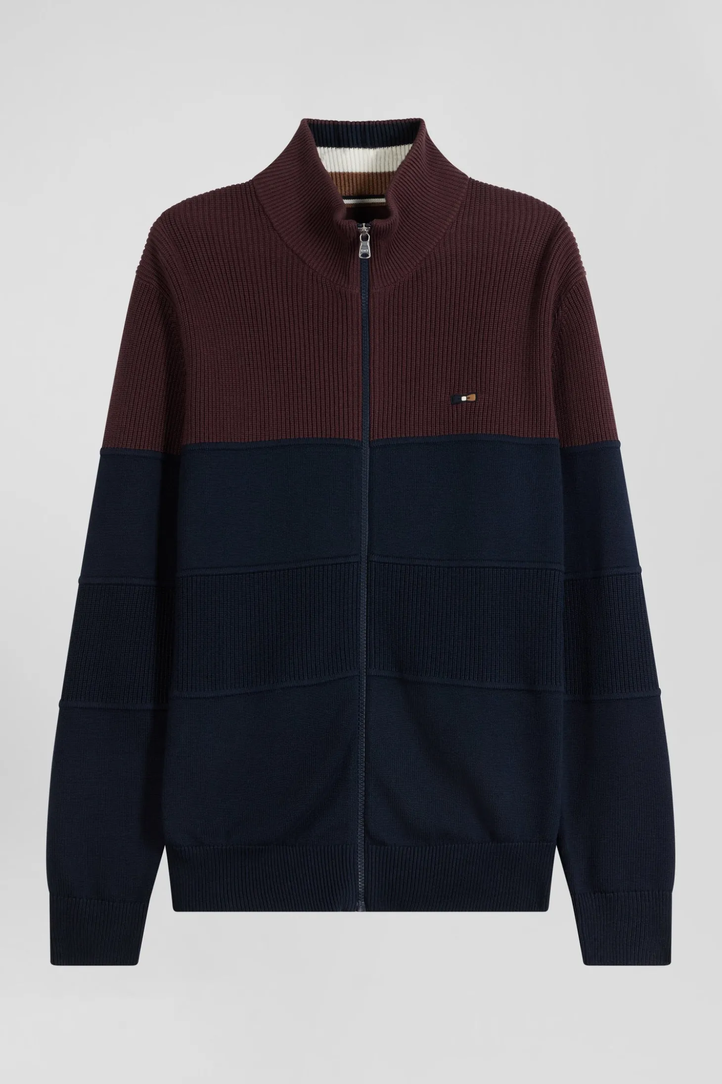 Cardigan zippé à col montant marine et bordeaux en coton
