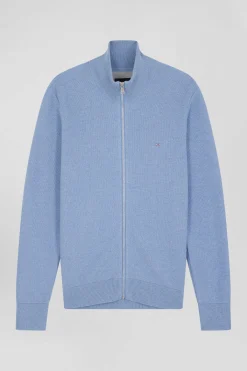 Cardigan zippé à col montant uni ciel en coton