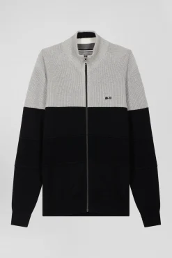 Cardigan zippé à col montant marine et gris en coton